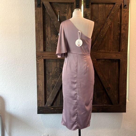 NWT ANRABESS Women's Satin Short Sleeve One Shoulder Cocktail Party Midi Dress - Picture 6 of 13